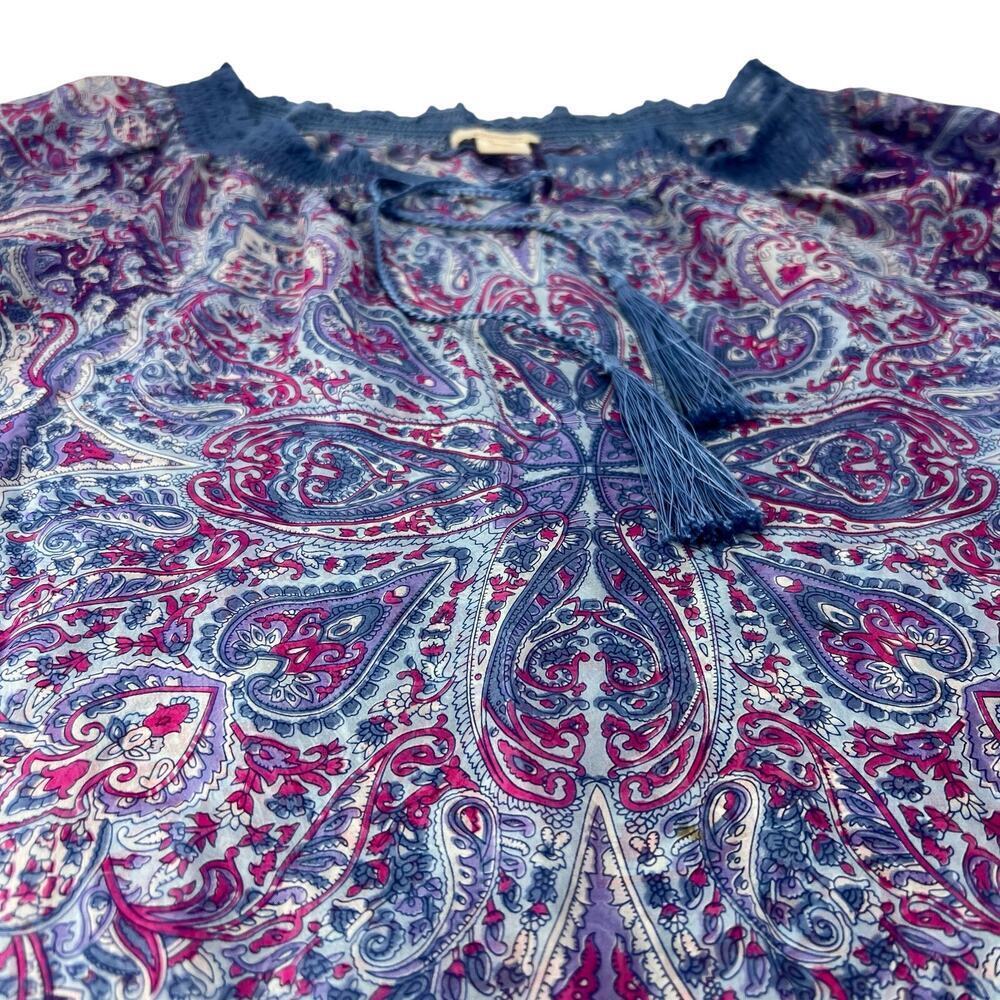 Sundance S Petite Purple Paisley 100% Silk Semi Sheer Tassel Boho Women's Shirt